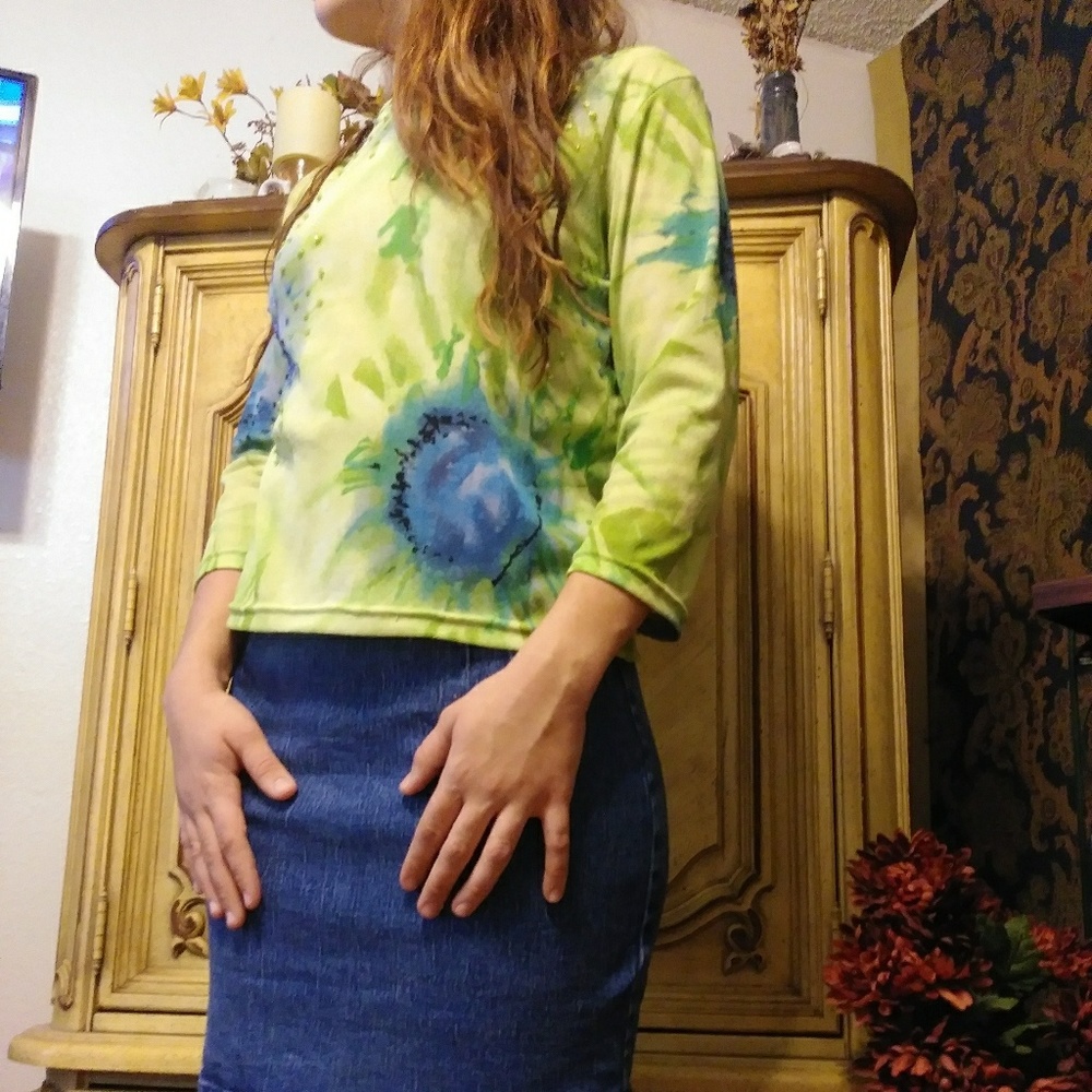 Womens Blouse Shirt sz L sheer B2 HAVEN BLEU long sleeve blue green